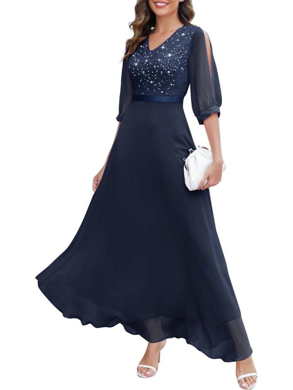 Women's Navy Sequin Sparkly Glitter Split Sleeves Formal Bodycon Maxi Dress
